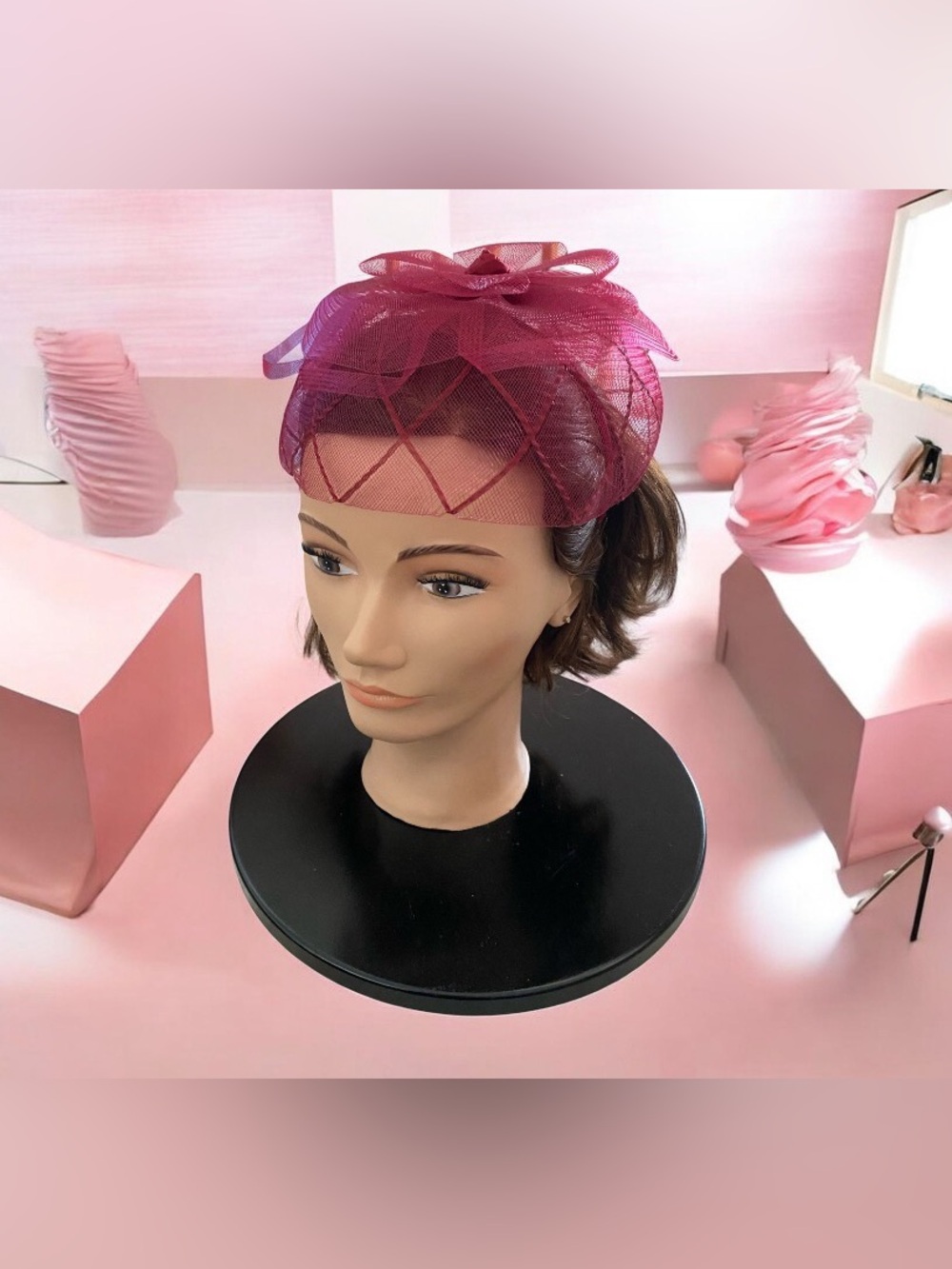Burgundy mesh veil bow fascinator hat